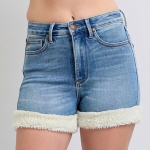 Judy Blue High-Rise Tummy Control Shearling Fur Cuff Slim Fit Jean Denim Shorts